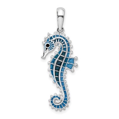 De-Ani Sterling Silver Rhodium Plated 3D Enameled Blue Seahorse Pendant 35mm