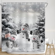 Winter Shower Curtain, Merry Christmas Cute Snowman Holiday Gray Snowman