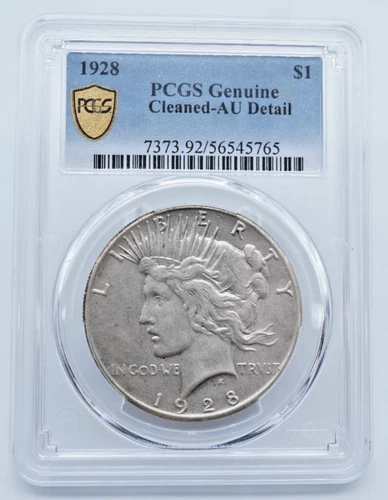 1928-P Peace Silver Dollar PCGS Genuine Cleaned AU Detail Gold Shield - T290