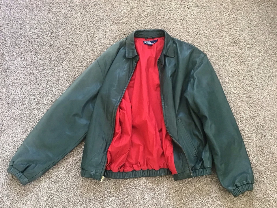 Chaqueta Polo Ralph Lauren Vintage Cuero Verde Forro Rojo Hombre Talla Grande Foto 3 de 4