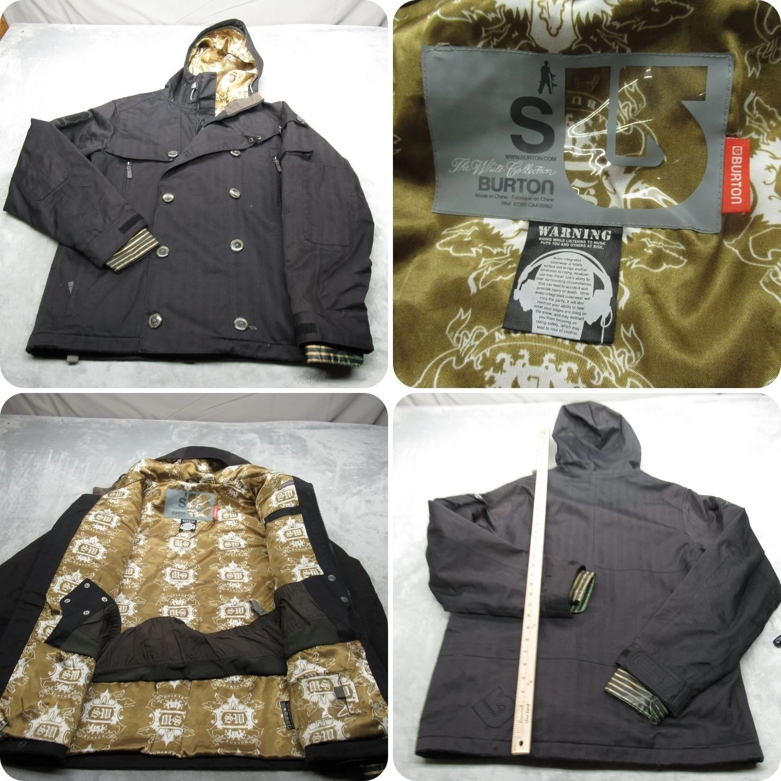 Burton Ski Jacket Mens Small Black Gold Canvas Waterproof Insulated Snowboarding