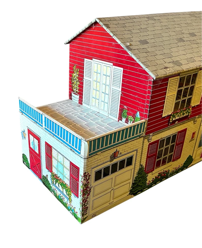 Casa de muñecas vintage años 50 litografía de hojalata mediados de siglo 6 habitaciones garaje terraza 2 pisos en muy buena condición Foto 3 de 4