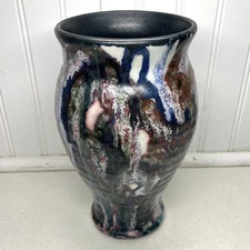 Vintage Studio Art Pottery Vase Green Blue + Drip Glaze Signed & Dated By Artist