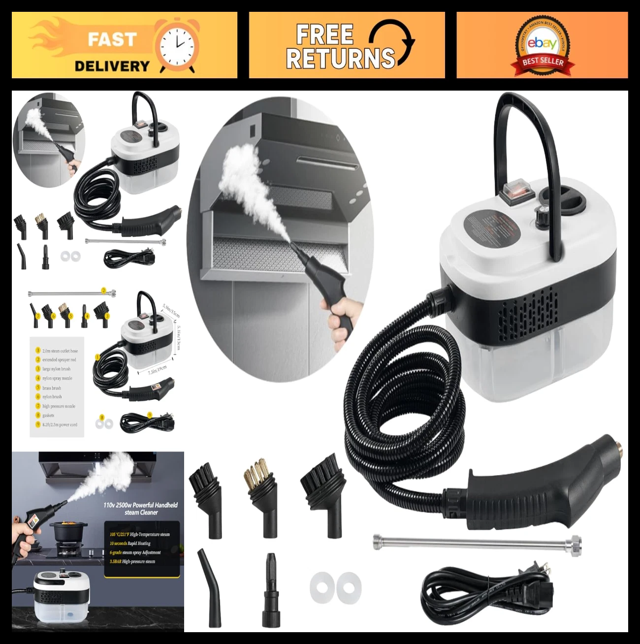 7-in-1 Handheld Steam Cleaner for Home, Car, Floor, Upholstery, Kitchen