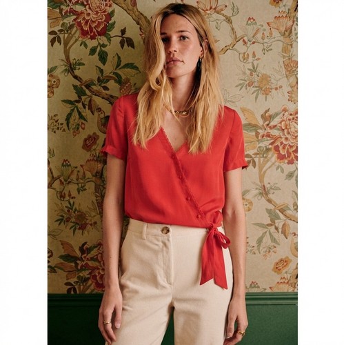 Sezane Red Silk V-Neck Wrap Top Blouse Lace Trim Button Front Size 36 US 4
