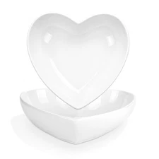 Set of 2 Porcelain Heart Shaped Bowls 7 inches White Ceramic Dish Set for Val...