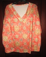 Shein Plus 2XL Stretch Top Shirt Blouse Orange 3/4 Sleeve Print V-Neck Poly New