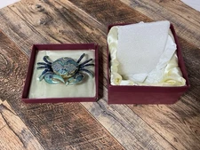 Bejeweled BLUE CRAB Enamel Trinket Box Jeweled Hinge Lid Jewelry Rings #3205 New