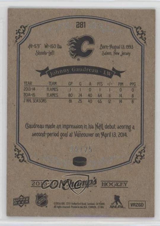 2015 Upper Deck Champ's High Series Short Prints Silver /25 Johnny Gaudreau #281 - Image 2 of 2