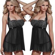 Women Sexy-Lingerie Set Plus Size Lace Robe Dress Set Babydoll Panties Underwear