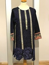 Ladies Navy Embroidered kurta Pakistani Indian Kurti Shirt frock style cotton