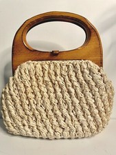 VTG 50'S GAYMODE LOVELY OFF WHITE IVORY WOOD HANDLE CLASP STRAW RATTAN PURSE BAG