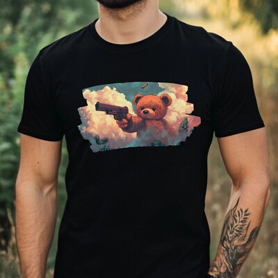 Mens Teddy Bear With Gun Motif Cotton T-Shirt Size XS to 5XL