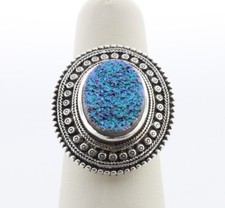 Sterling Silver 925 Oval Druzy Drusy Quartz Large Oval Bezel Pattern Ring - 8