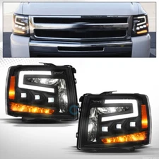 Fits 07-14 Silverado Blk Full LED Sequential Tube Bar Tri Projector Head Lights