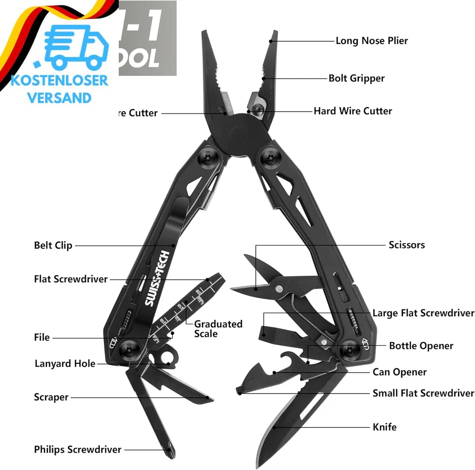 Swiss+Tech Multitool 16 in 1, Multifunktionszange Edelstahl Faltbares Multifunks - Bild 2 von 4