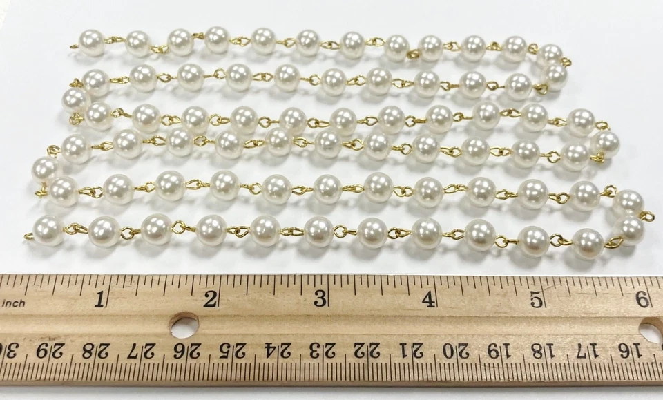 Perla blanca japonesa vintage de 3 pies de 8 mm. Cadena de eslabones rosario de latón con cuentas 572 Foto 4 de 4