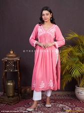 Peach Modal Handmade Lucknowi Chikankari Anarkali Kurta Ethnic Wear Kurti