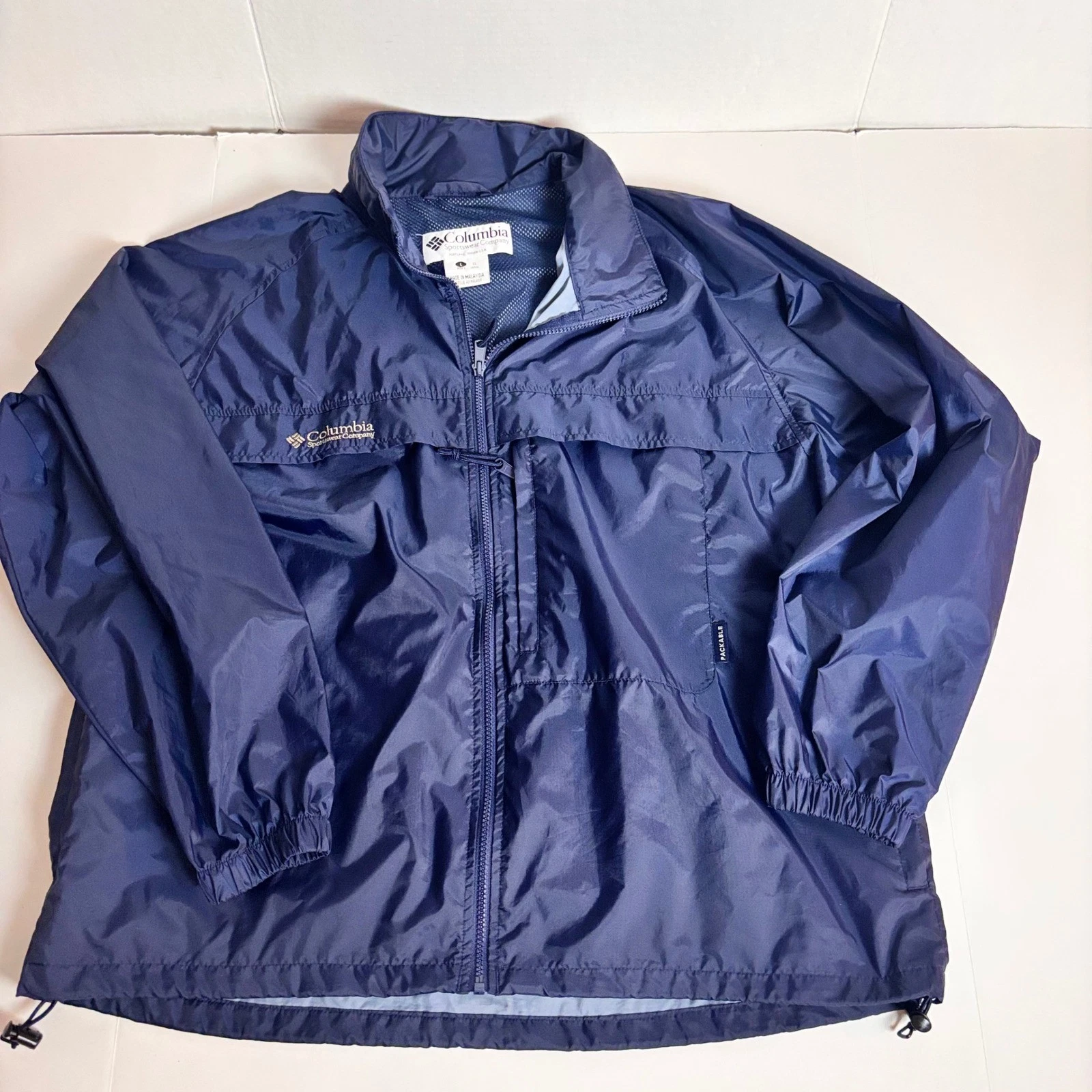 Columbia Mens Navy Blue Packable Windbreaker Jacket Full Zip Mesh Lined XL
