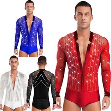 UK Men's Glittery Latin Jazz Dance Bodysuit Deep V Neck Tango Ballroom Dancewear