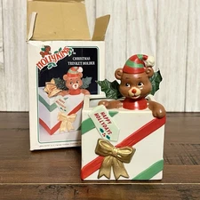 Vintage JSNY Hollykins Porcelain Bisque Christmas Bear Trinket Holder Planter