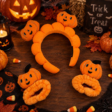 2 Pack Halloween Pumpkin Headband and Wristband Set Soft Plush Hair Accessory