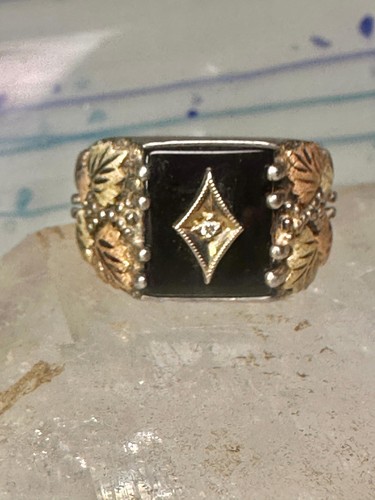 Black Hills Gold ring Onyx band Floral leaves size 12.7 sterling silver women me - Picture 5 of 12