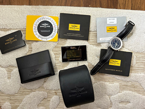 Breitling Navitimer World Automatic Chronograph Black Dial Leather Strap Papers