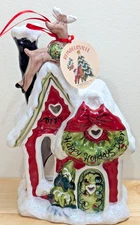 NEW Blue Sky Clayworks HAPPY HOLIDAY DEER Christmas Tea Light Candle House NWT