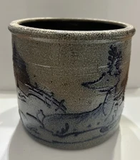 Rowe Pottery Works Deer Stoneware Crock Salt Glaze Blue 5” Tall