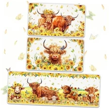 3 Pcs Highland Cow Kitchen Rugs and Mats Set Farmhouse Cattle Highland Cattle