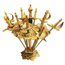 Vintage Spanish Toothpick Holder with 12 Miniature Sword Picks – Medieval Style