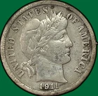 1911-D Barber Dime Choice Very Fine VF+ Coin, Cleaning #33909