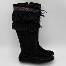 Minnetonka Black Moccasins 2 Layer Fringe Calf High Suede Leather Boots Womens 7