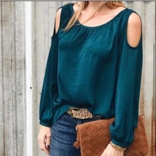 Cabi top womens Small Fetching teal cold shoulder cut out long sleeve #3504