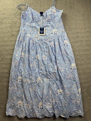 Roller Rabbit Dress Womens Large Blue Floral Sweetheart Smocked Sundress NWT