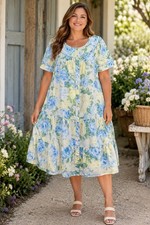 Leisure Life House Coat Robe Womens 1X Blue Snap Floral Tiered Grannycore GG14