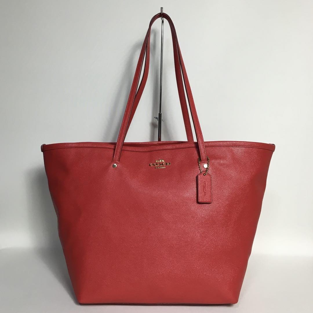 Coach Red Leather Tote Bag Large Capacity Durable M703 Pre-Owned