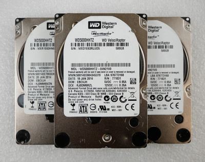 Lot of 3 Western Digital VelociRaptor WD5000HHTZ 500GB SATA 2.5'' Hard Drives