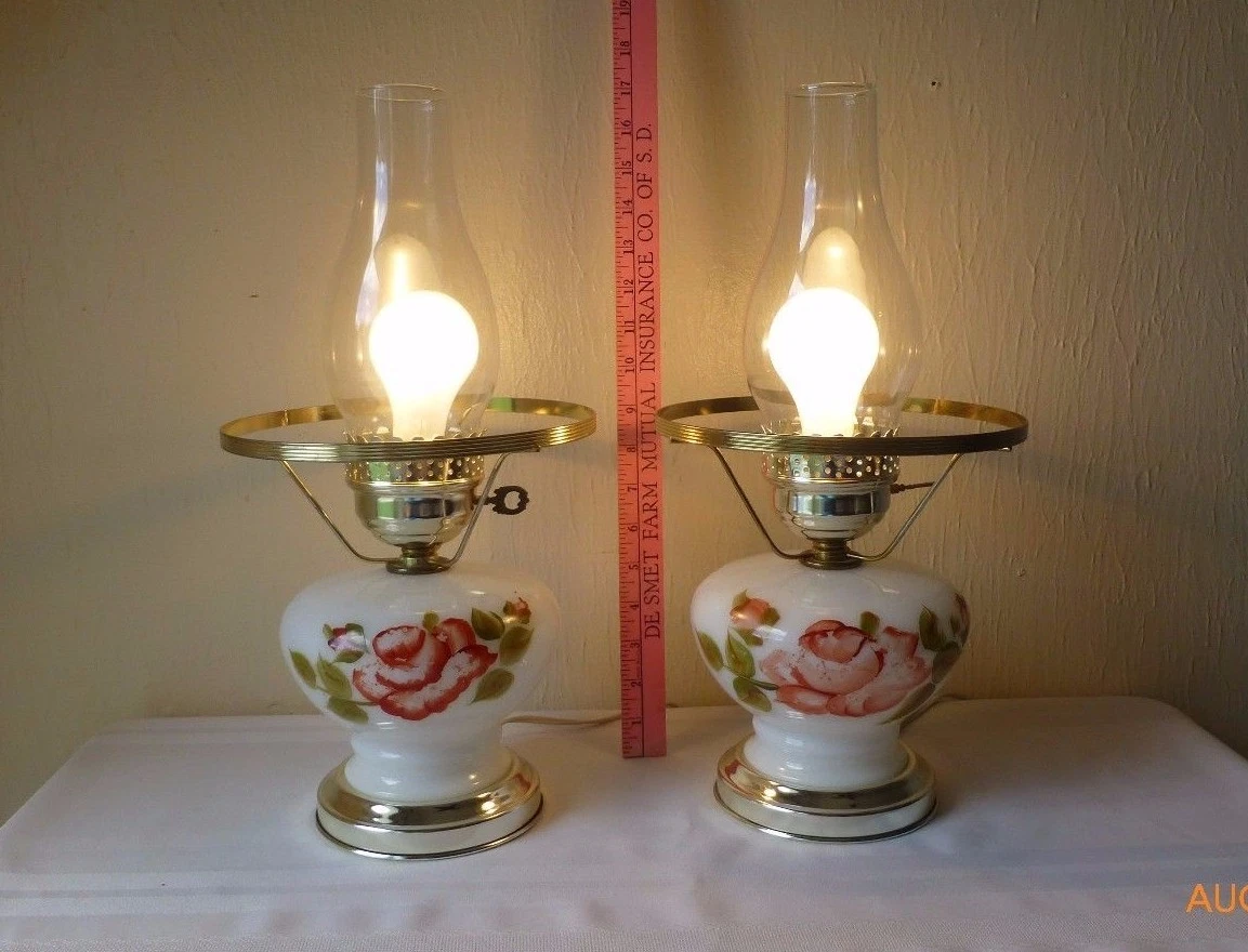 Vintage Glass Hurricane Table Lamps Painted Roses Pink Flowers Set of Two