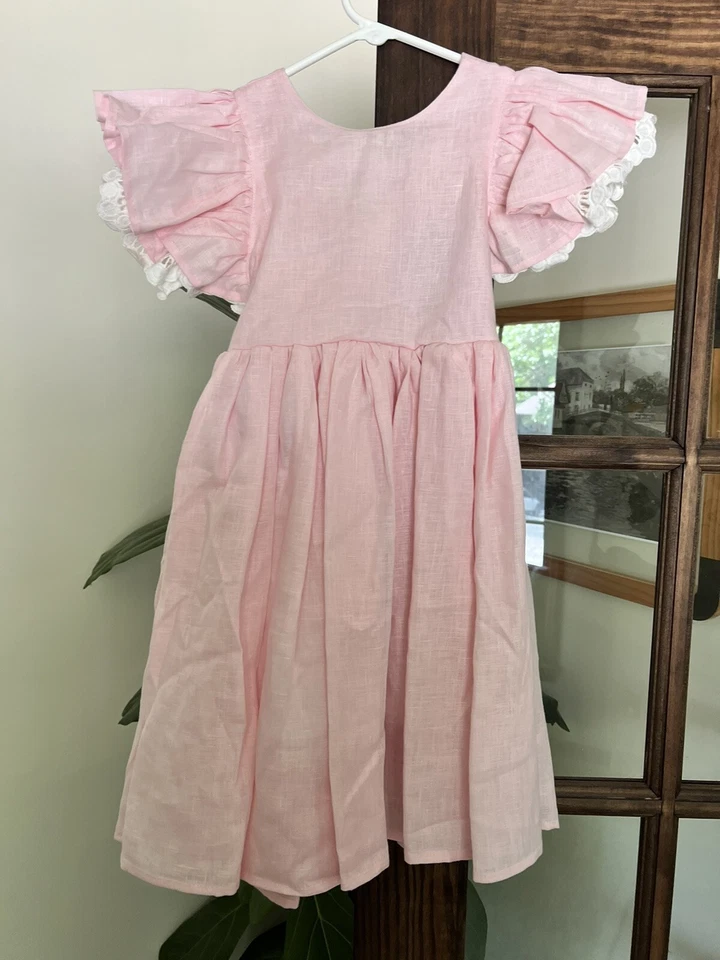 NUEVO CON ETIQUETAS Vestidos de niña flor de lino hechos a mano con detalles de encaje rosa 4T Foto 2 de 4