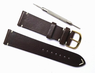 21mm Brown/White Leather Classic Replacement Watch Band Gold Tone Buckle W/ Tool