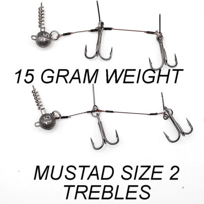 2 x Mustad Höhenhaken Stinger Rigs 15 Gramm Gewicht Gummi Badeköder 30 Gramm
