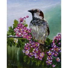 Original modern painting Sparrow Bird Floral Spring Oil Panel hand painted art