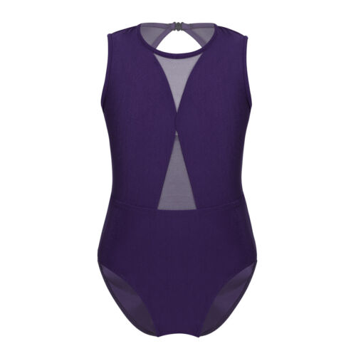UK Kids Girls Mesh Keyhole Back Ballet Dance Gymnastics Leotard Jumpsuit Costume - Picture 7 of 38