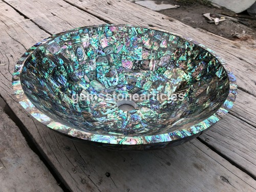 15" Round Paua Shell Marble Wash Basin Semi Precious Stone Handmade Arts - Picture 2 of 3