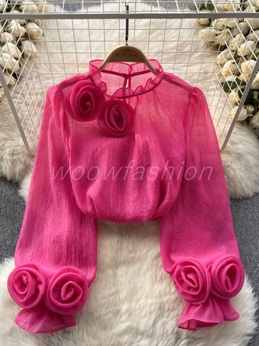 Women Floral Chiffon Bell Sleeves Ruffle Chiffon Blouse Long Sleeve Sheer Tops - Picture 18 of 22