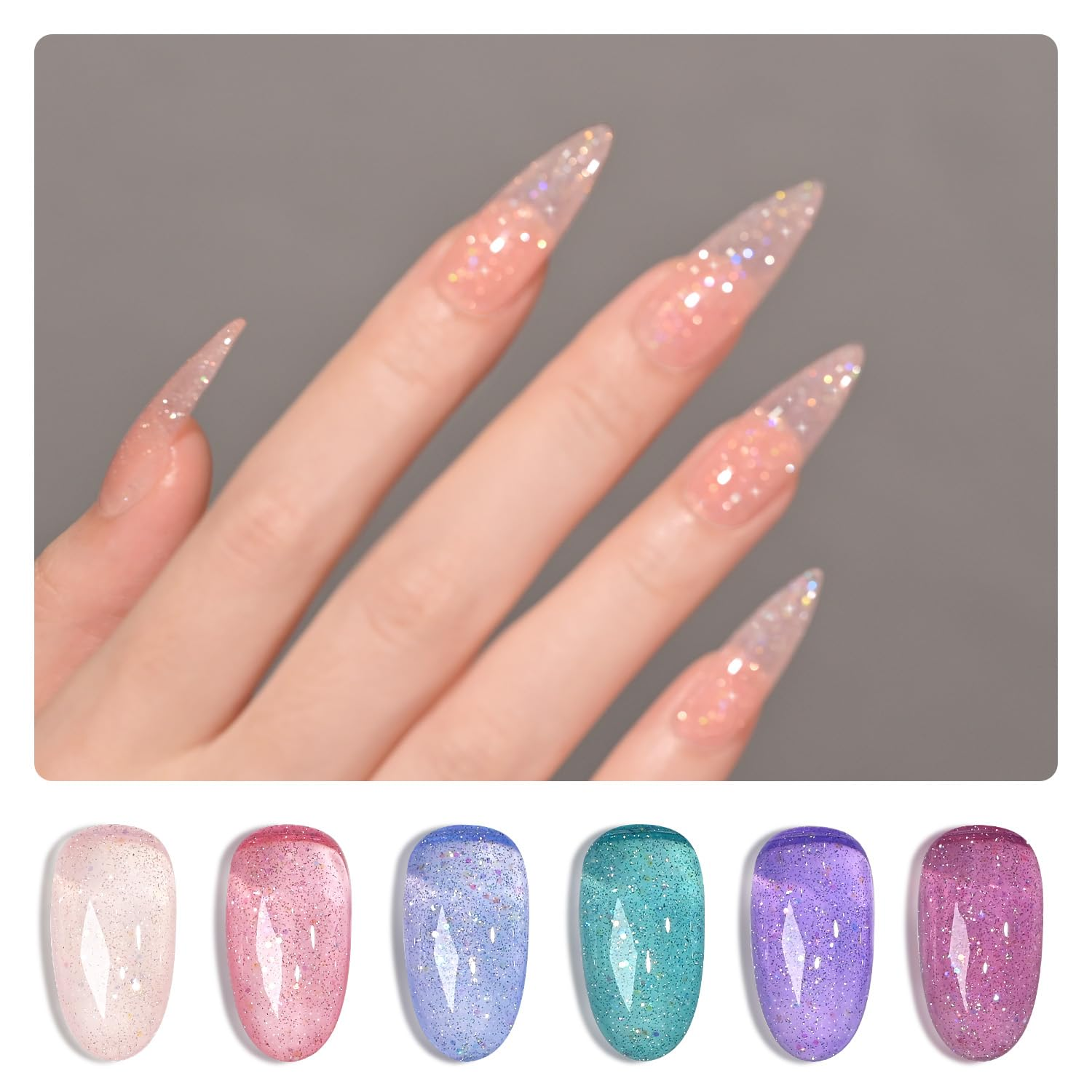 6-Color Glitter Jelly Gel Nail Polish Set - Pink Green Blue Purple & More