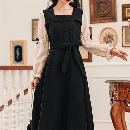 Damen Vintage Midi Kord Kleid Schleifenknopf Quadrat Kragen Mit Gürtel Elegant - Bild 15 von 15