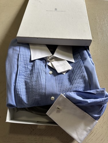 Brunello Cucinelli Men Slim Fit Pintuck Shirt Sky Blue M New $945 - Picture 3 of 10